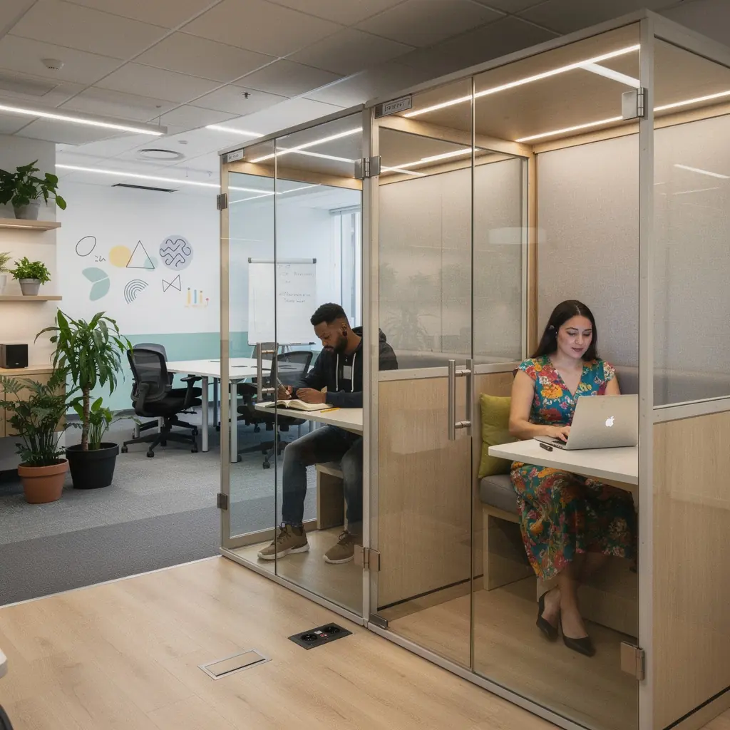 Zaaranżowane miejsce do pracy w otwartym biurze z ergonomicznymi stanowiskami.