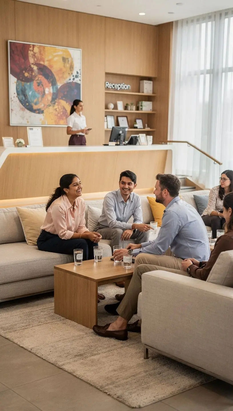 Przyjazna strefa wypoczynkowa z kanapami i stolikami, idealna do nieformalnych spotkań.