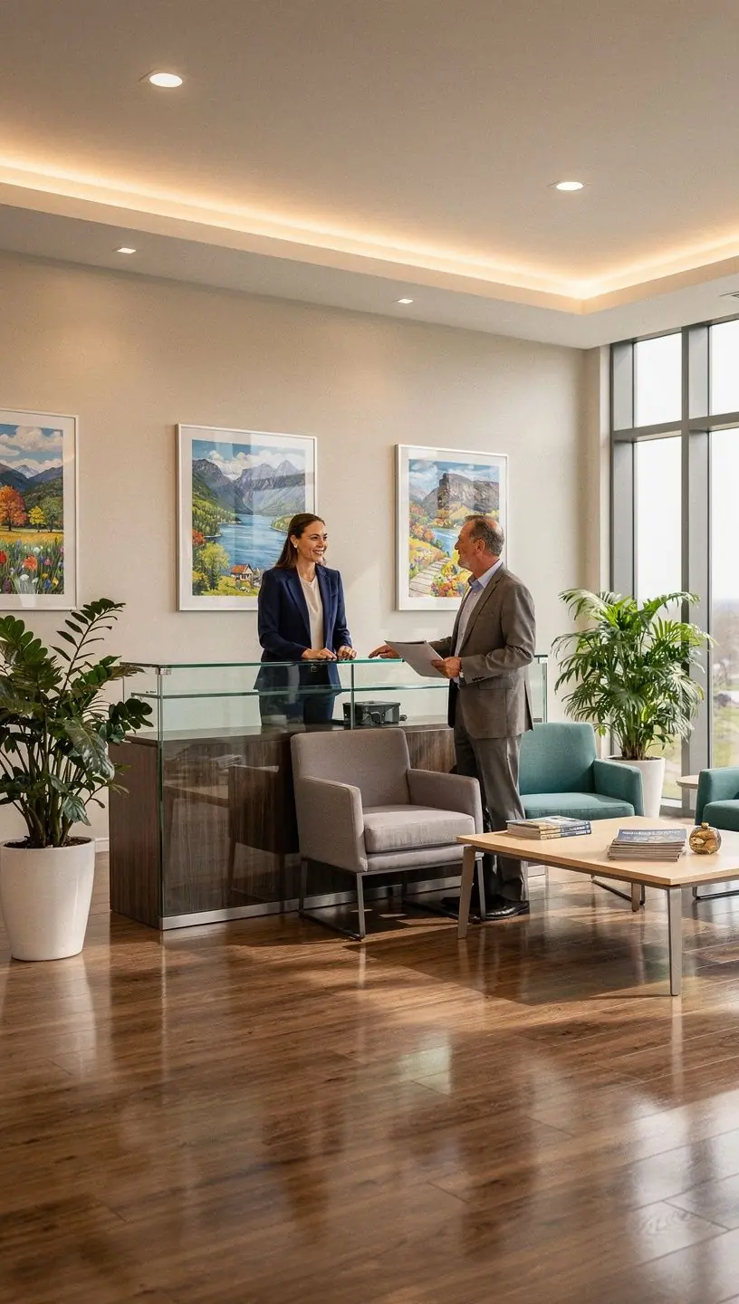 Przejrzysty układ biura z wyraźnymi ścieżkami komunikacyjnymi, ułatwiający poruszanie się między różnymi strefami.