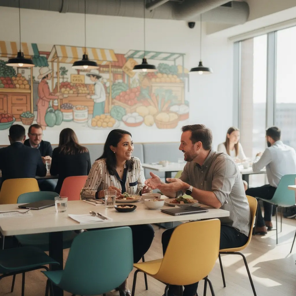 Przytulne wnętrze recepcji z nowoczesnymi meblami i zielonymi roślinami.